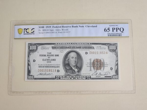 Billete $100 Dólares de 1929 Cleveland Ohio Banknote PCGS 65PPQ S/N D00151853A The Federal Reserve Bank of Cleveland Ohio Sello Café