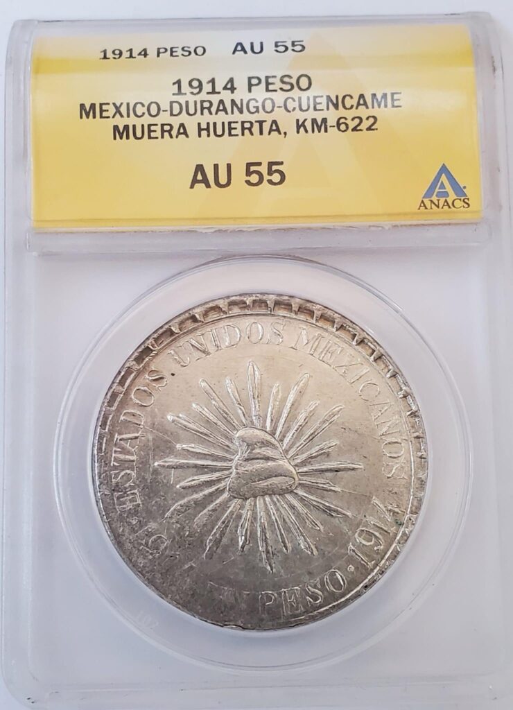 $1 Peso Muerta Huerta 1914 Canto Estriado variante Punto y Guion certificado Anacs AU55