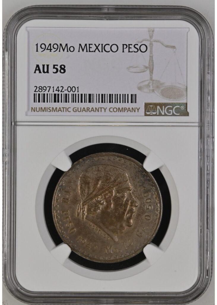 $1 Peso 1949 “Cachetón” Mo. México Morelos NGC AU58 KM#456