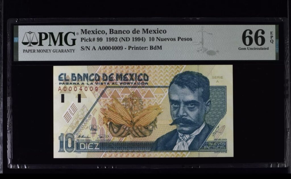Inicio TodoPrecio.com 12 Billete $10 Nuevos Pesos Banco de Mexico 1992 P#99 PMG Gem UNC 66 EPQ Serie A 0004009