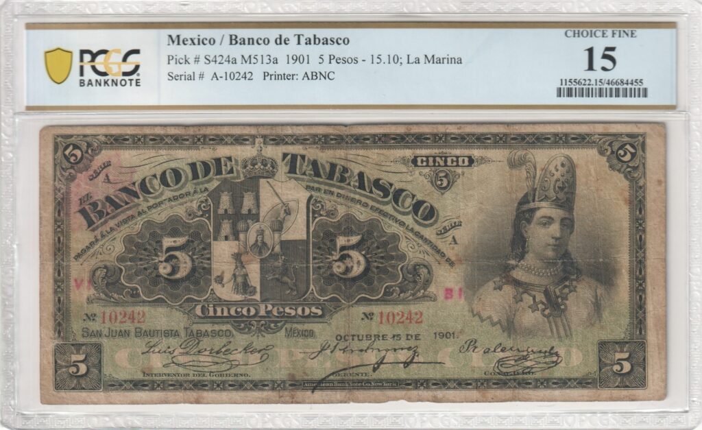 Inicio TodoPrecio.com 40 Billete $5 Pesos Banco de Tabasco 1901 Serie A 10242 PCGS CF15 La Malinche Río Grijalva México