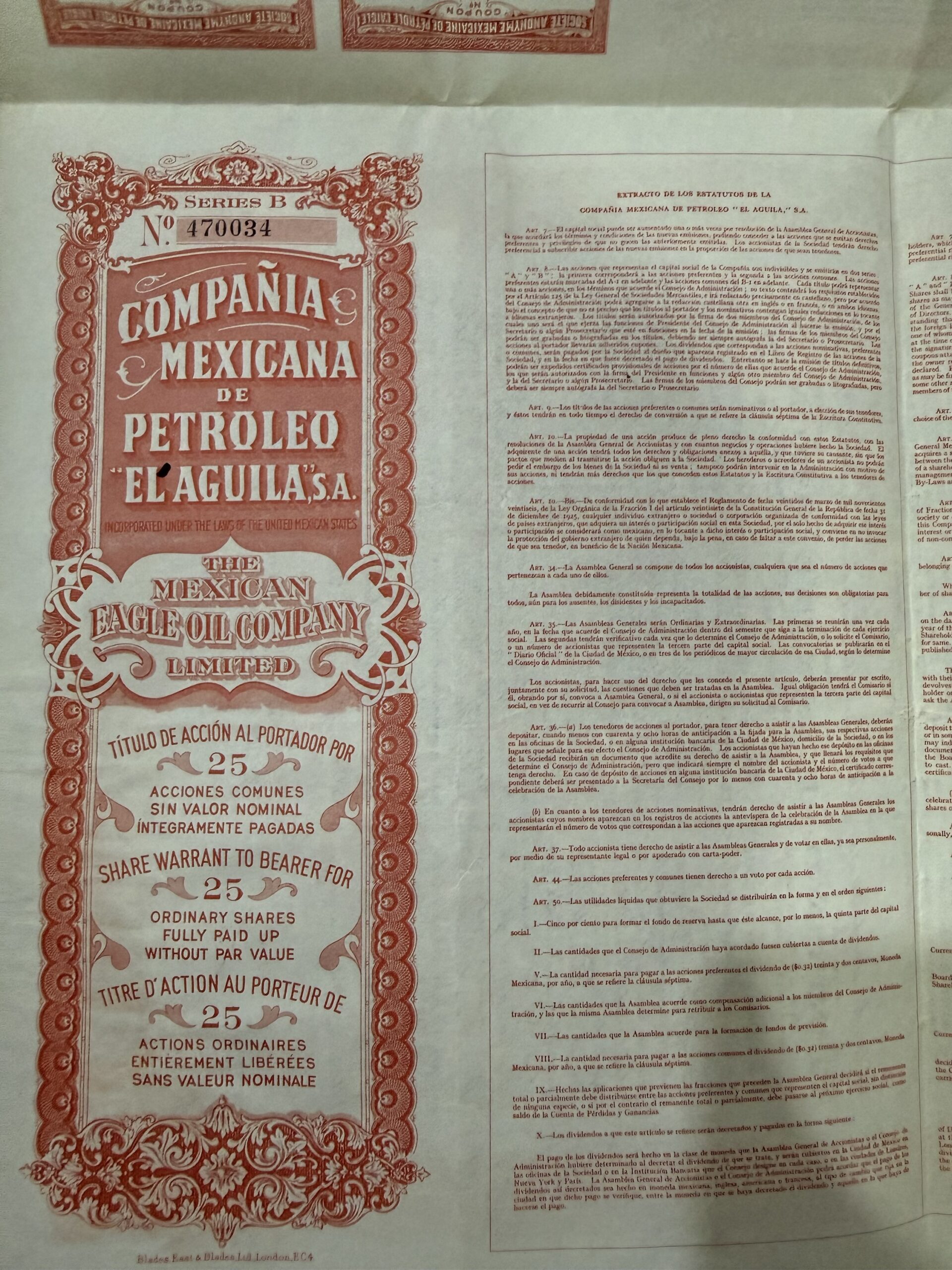 Acciones de la Compañía Mexicana de Petróleo “El Águila S.A.” 1949 5 Acciones de la Compañía Mexicana de Petróleo “El Águila S.A.” 1949 - Image 5