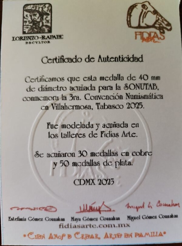 Medalla Conmemorativa 3ra Convención Numismatica de Tabasco Edición Limitada Plata .999 y Cobre .999 Año 2025 - Image 5