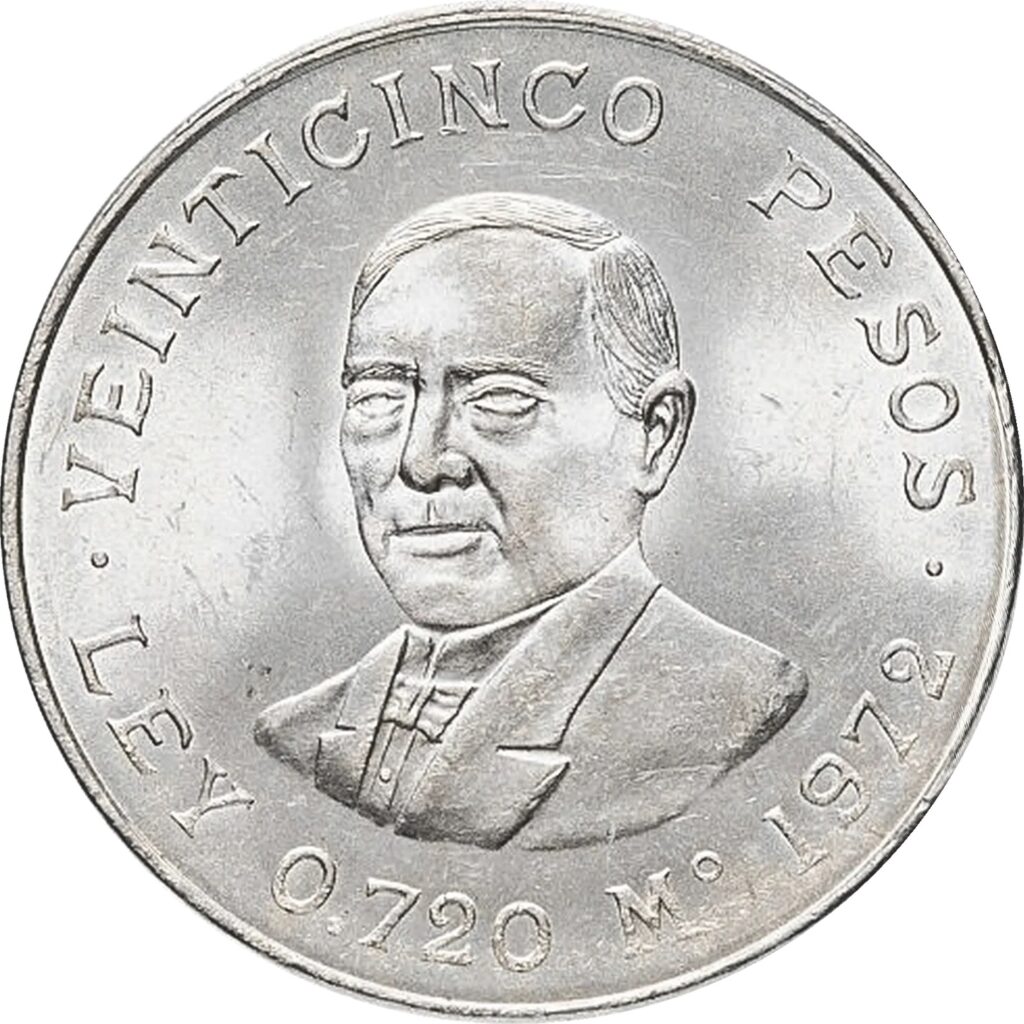 Inicio TodoPrecio.com 57 $25 Pesos Benito Juárez 1972 Plata Ley 0.720