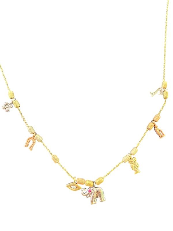 Cadena de Oro 14K Elefante Búho Herradura Trébol