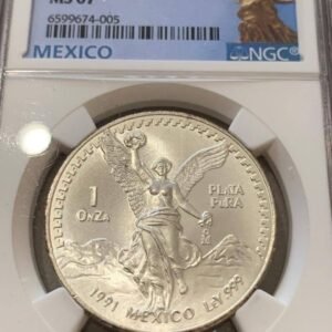 1 Onza Libertad Plata Pura .999 1991 Tipo 2 Mula NGC MS67 | RARA