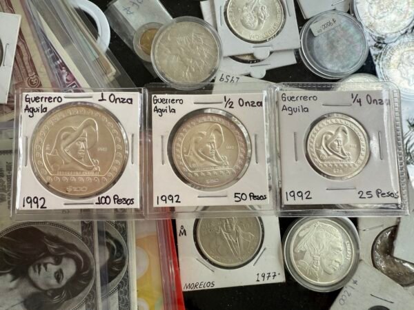 Lote Guerrero Águila 1992 $100 $50 y $25 Pesos 1 Oz., 1/2 Oz. y 1/4 Oz Plata UNC