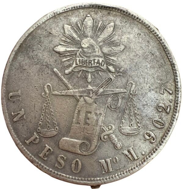 $1 Peso Balanza Mo. 1872 República Mexicana Plata Ley 902.7
