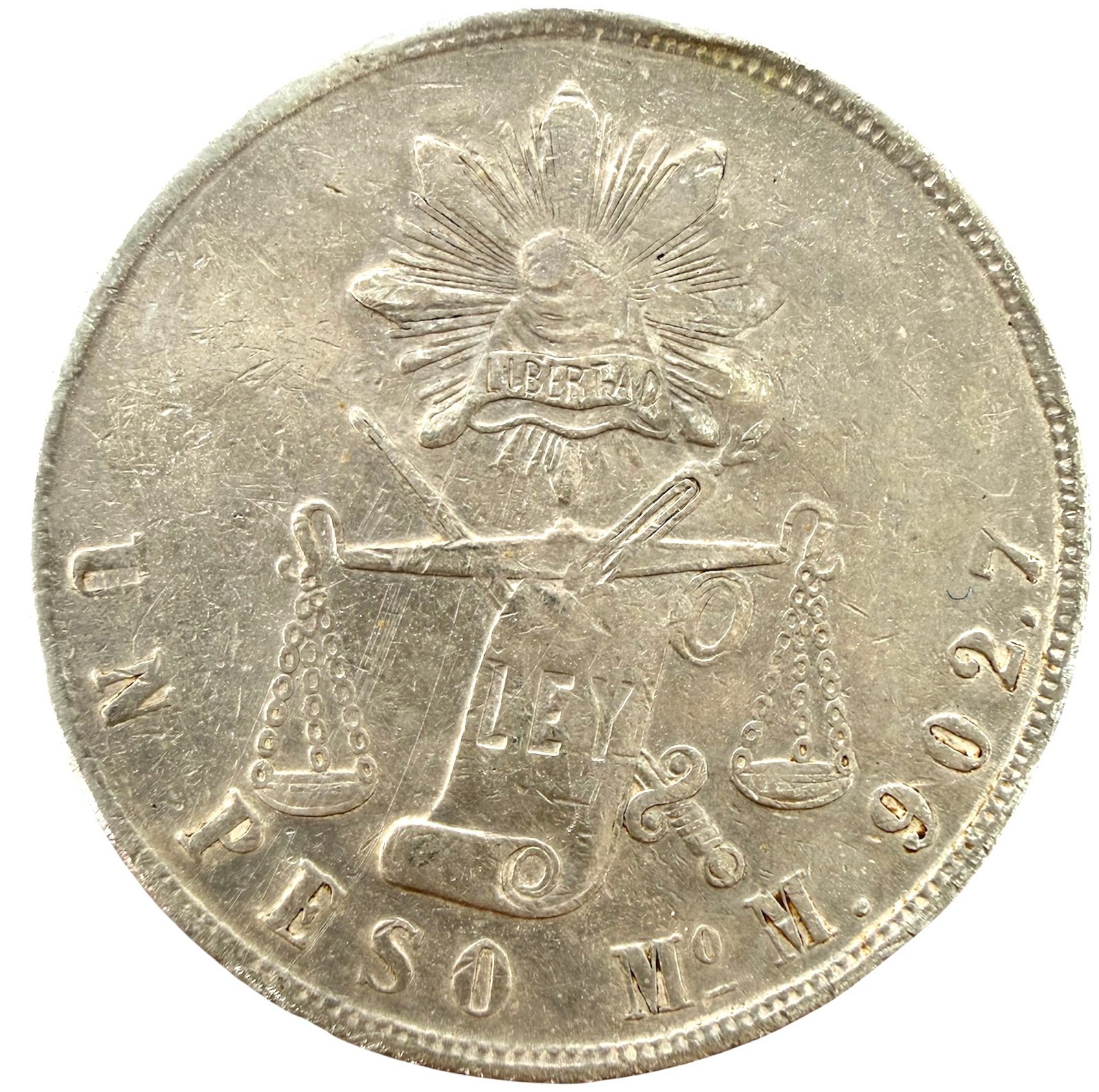 $1 Peso Balanza Mo. M 1872 República Mexicana Plata Ley 0.902,7 1 $1 Peso Balanza Mo. M 1872 República Mexicana Plata Ley 0.902,7