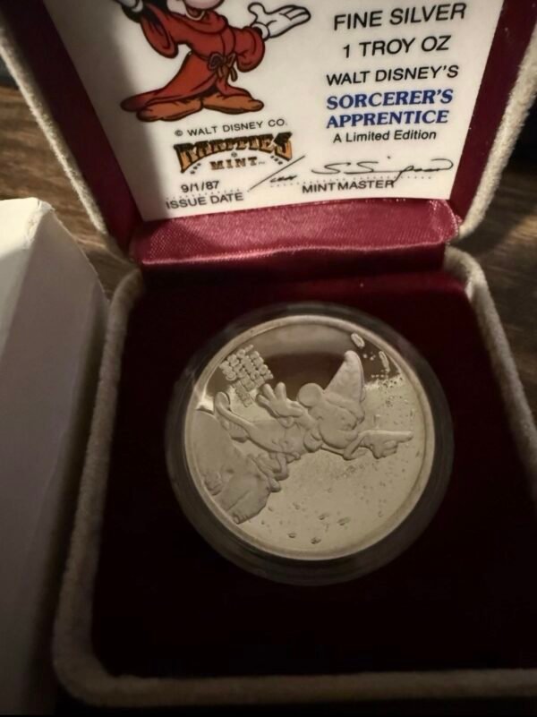 Onza Plata 999 Mickey Mouse Aprendiz de Brujo 1987 1/20000 Caja + Certificado #10815