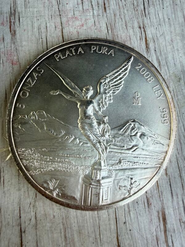 5 Onzas Libertad 2008 Plata Pura 999 Mo. Ángel  de la Victoria