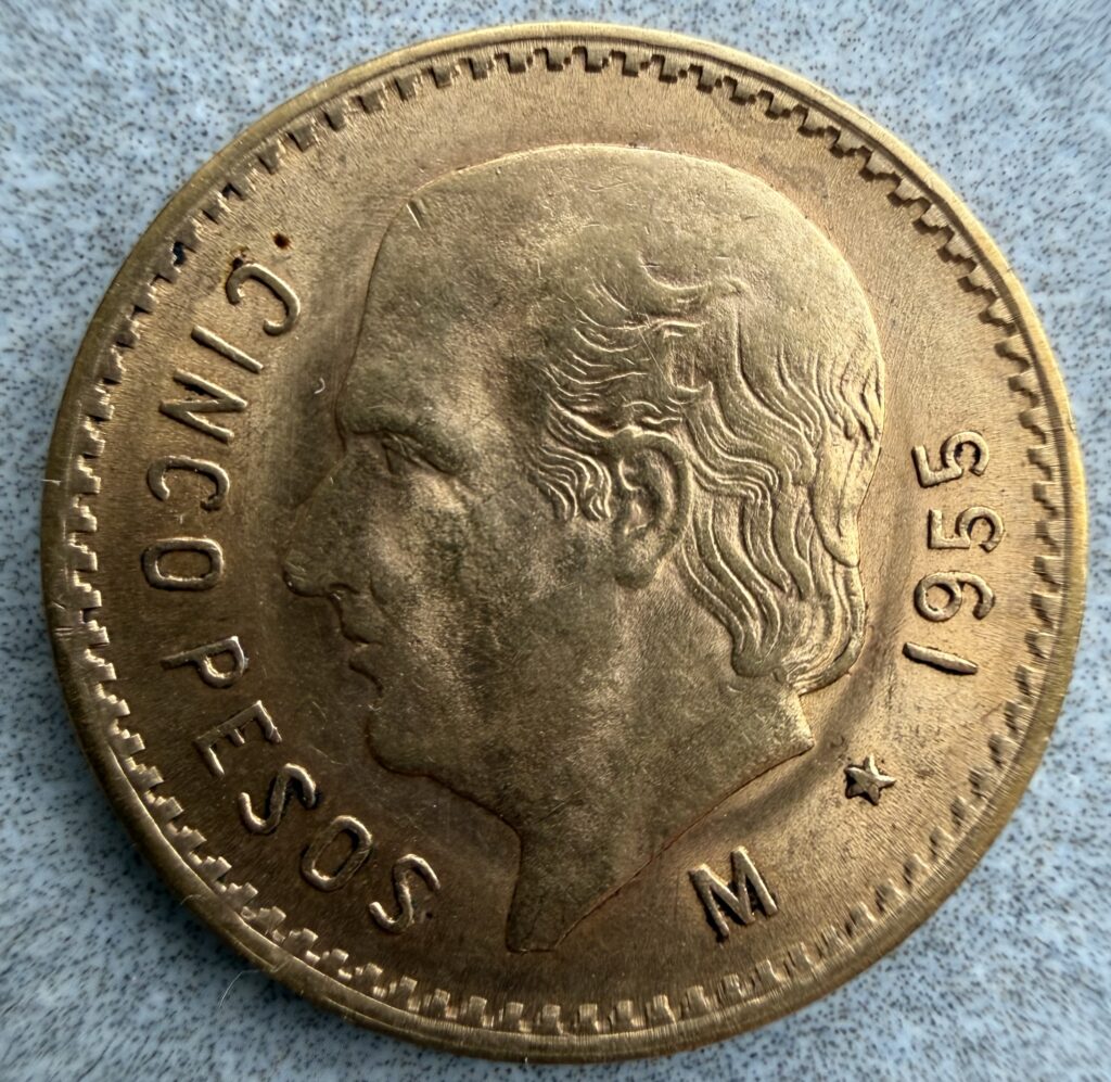 Inicio TodoPrecio.com 34 5 Pesos Hidalgo 1955 Oro Ley .900 Mo.