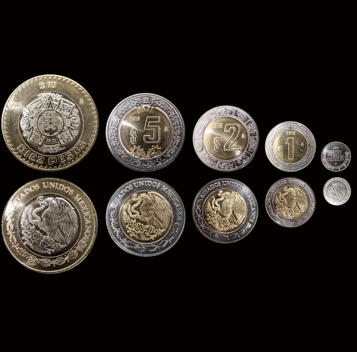 Set Monedas Pesos Mexicanos $10 $5 $2 $1 50c | Mo. México 1 Set Monedas Pesos Mexicanos $10 $5 $2 $1 50c | Mo. México