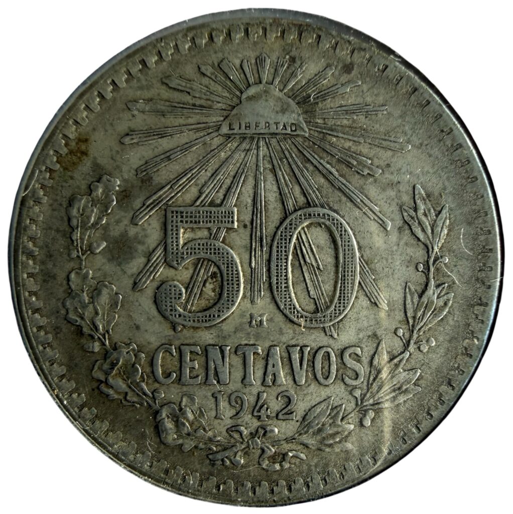 Inicio TodoPrecio.com 24 50 Centavos Resplandor 1942 Plata .720 Mo. México | Fecha Clave