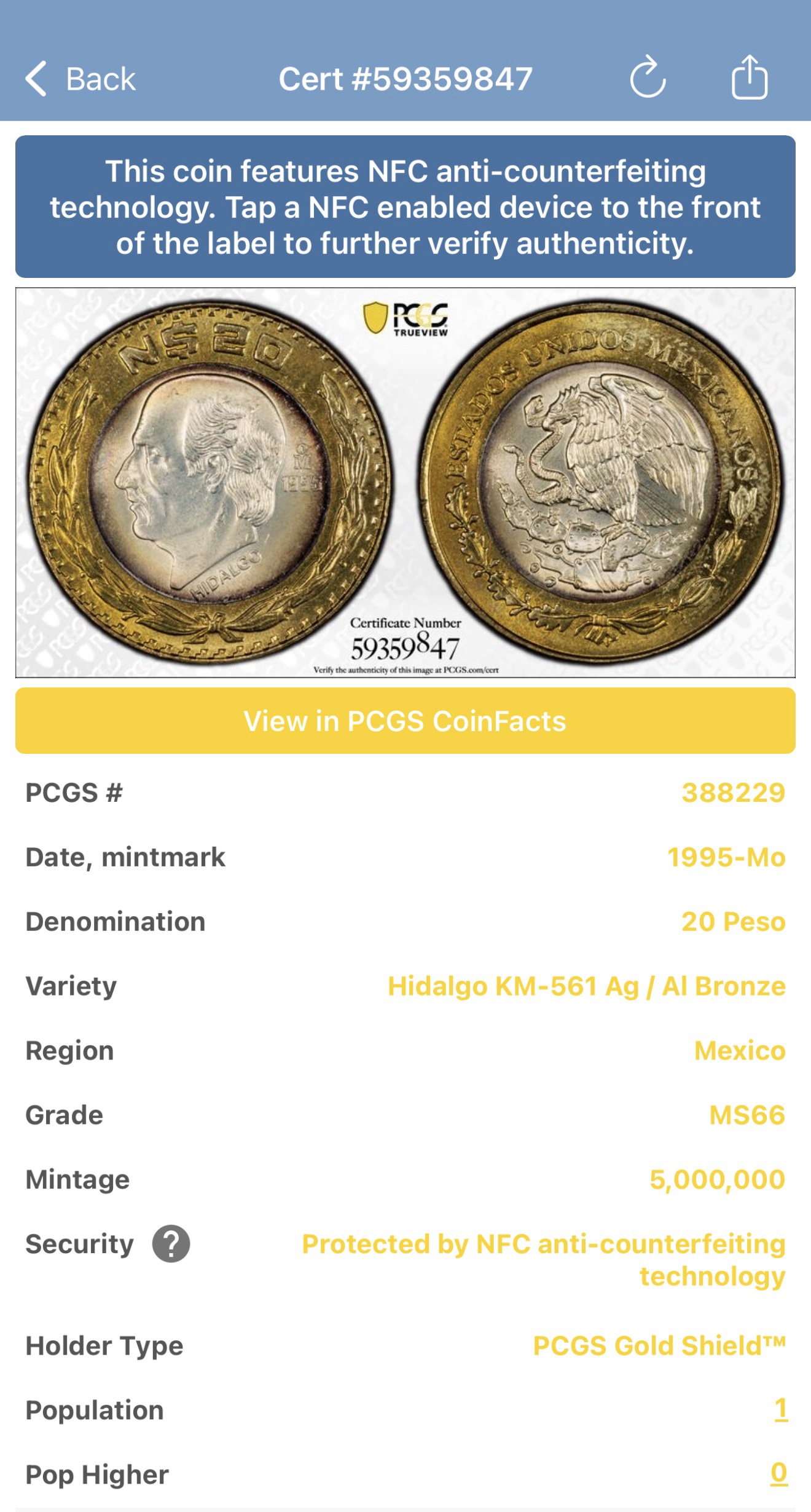 20 Nuevos Pesos 1995 Plata .925 PCGS MS66 TOP POP 🔝#1 4 img 9987