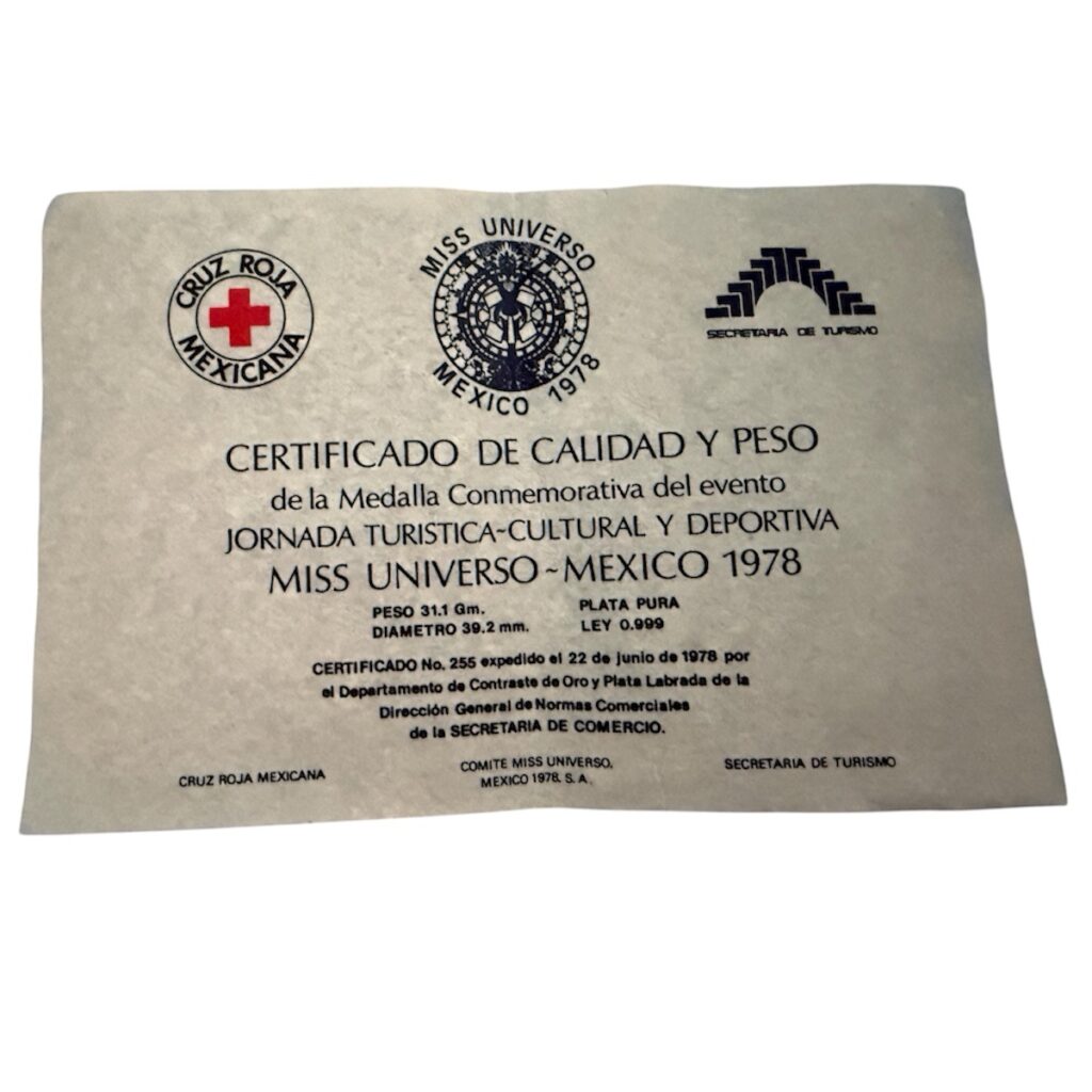Certificado Medalla Miss Universo México 1978 Plata Pura Original #255