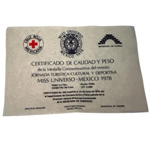 Certificado Medalla Miss Universo México 1978 Plata Pura Original #255