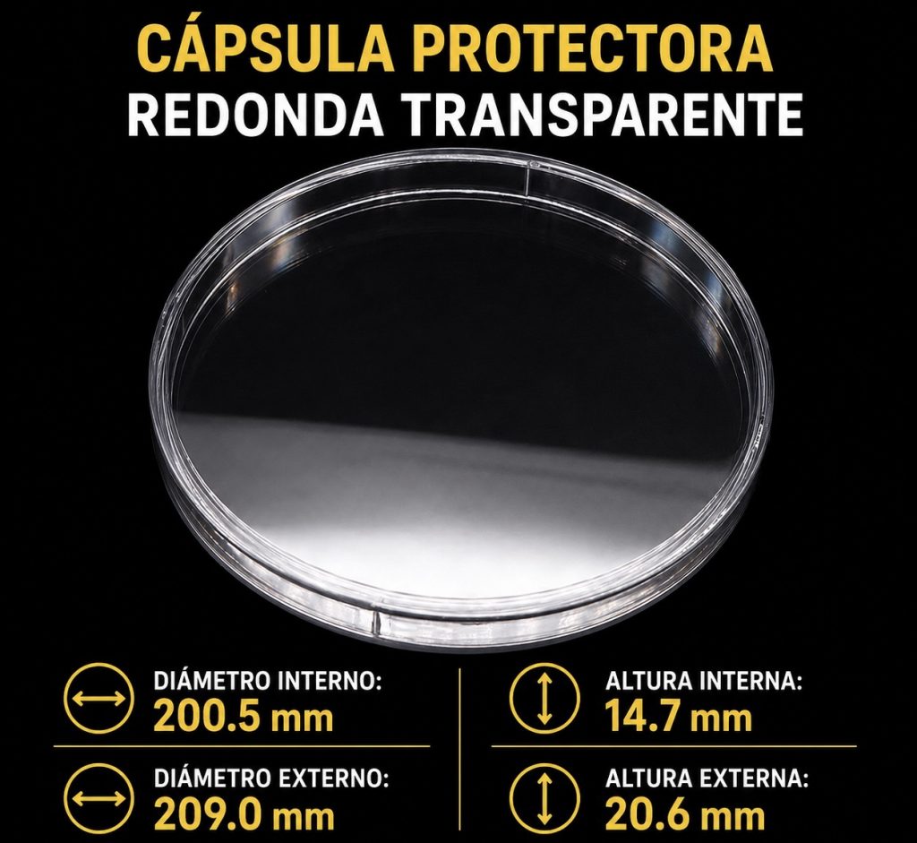 Cápsula Protectora Redonda Transparente 200.5 mm para Monedas, Medallas y Piezas de Colección Grande