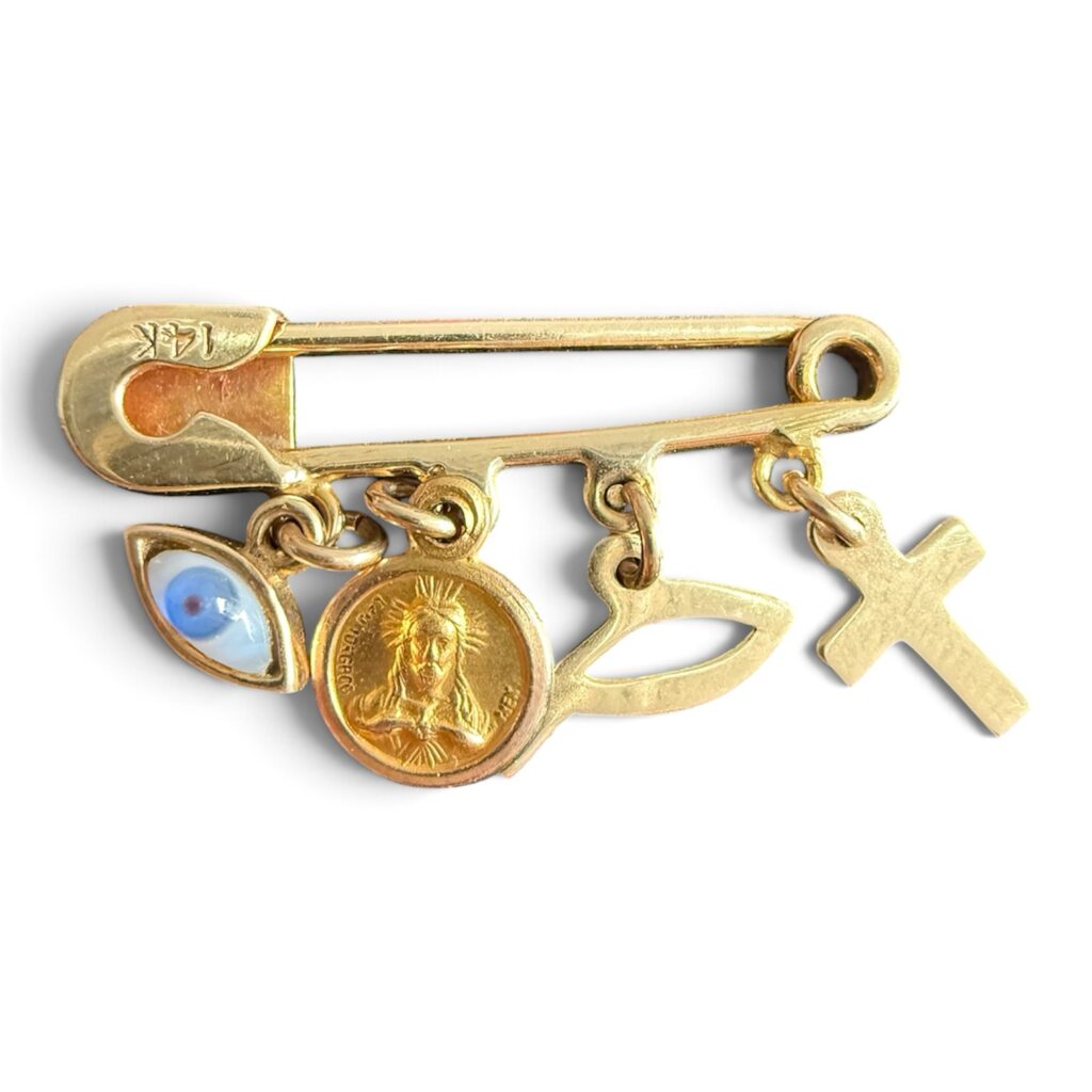 Inicio TodoPrecio.com 4 Broche de Oro 14K con Cruz, Pez, Jesús y Ojo Azul
