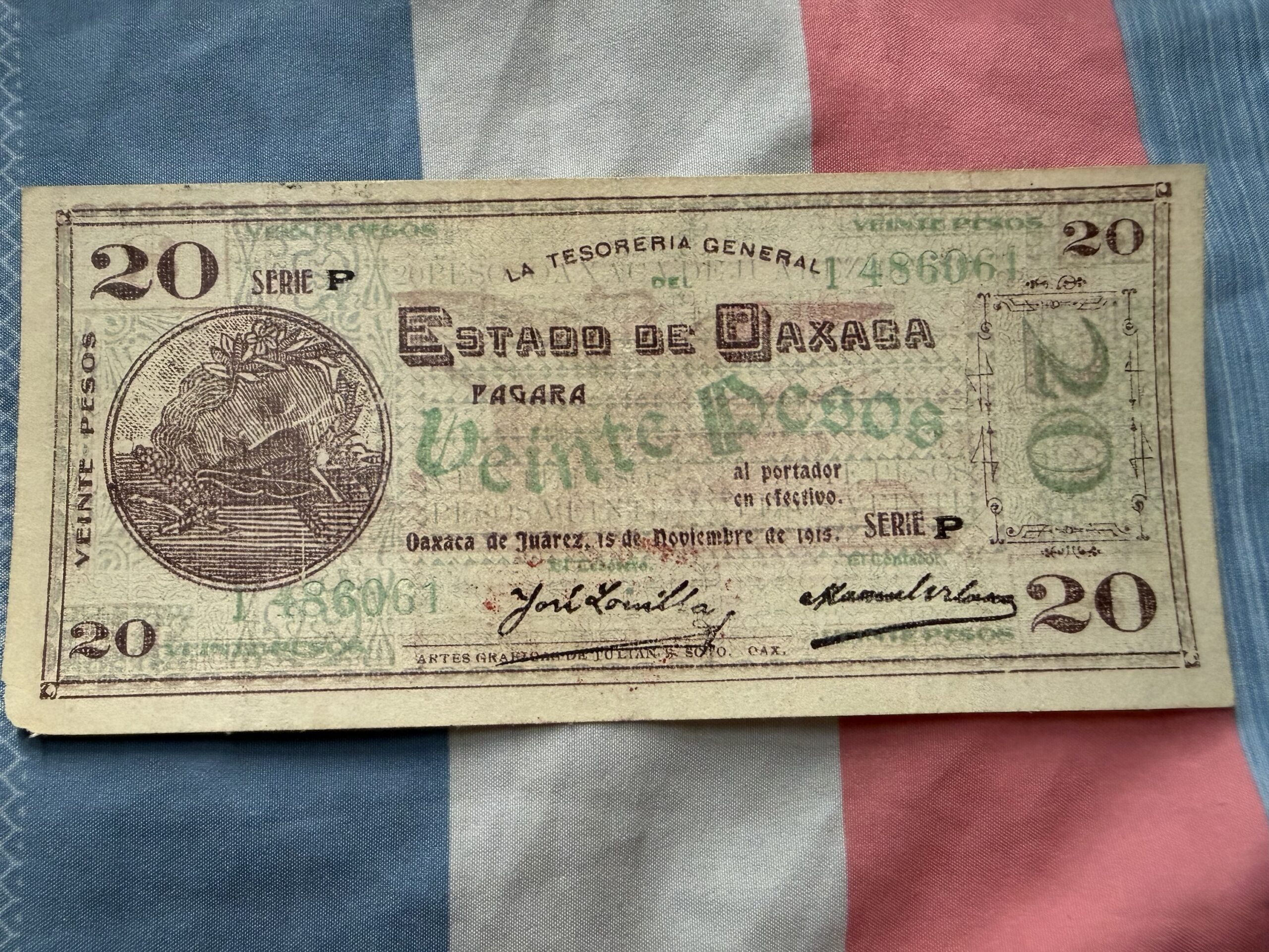 Billete de Tela y Papel de $20 Pesos 1915 Oaxaca | Revolución Mexicana 4 Billete de Tela y Papel de $20 Pesos 1915 Oaxaca | Revolución Mexicana - Imagen 4