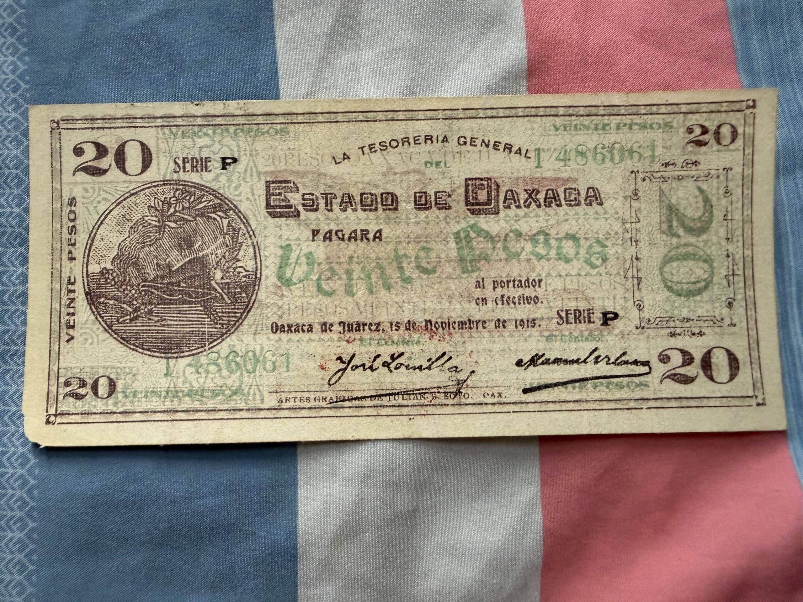 Billete de Tela y Papel de $20 Pesos 1915 Oaxaca | Revolución Mexicana 2 Billete de Tela y Papel de $20 Pesos 1915 Oaxaca | Revolución Mexicana - Imagen 2