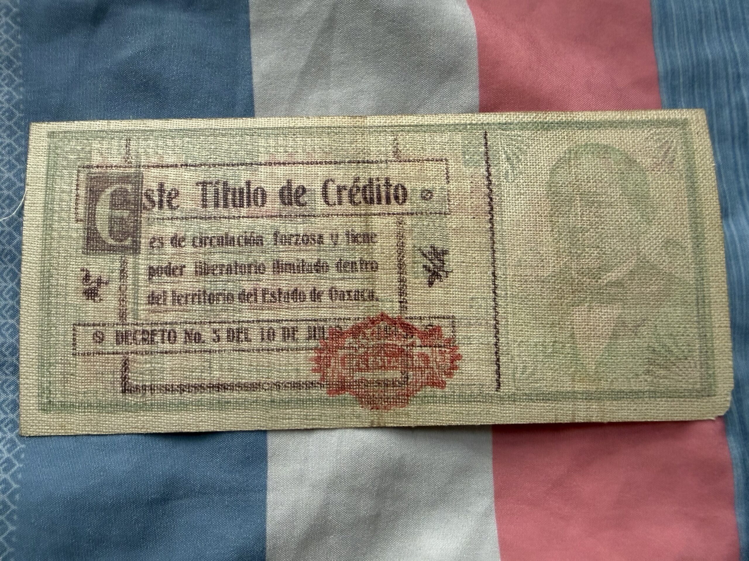 Billete de Tela y Papel de $20 Pesos 1915 Oaxaca | Revolución Mexicana 3 Billete de Tela y Papel de $20 Pesos 1915 Oaxaca | Revolución Mexicana - Imagen 3