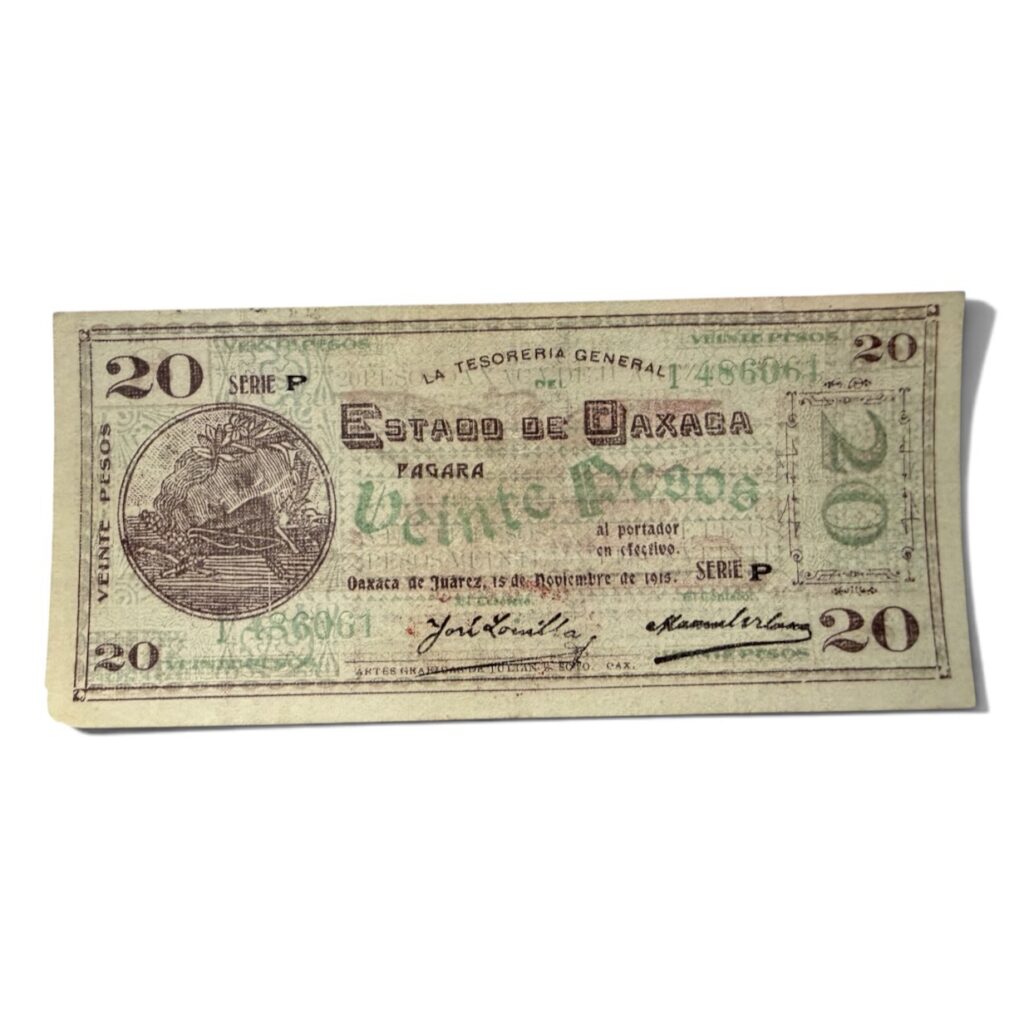 Billete de Tela y Papel de $20 Pesos 1915 Oaxaca | Revolución Mexicana