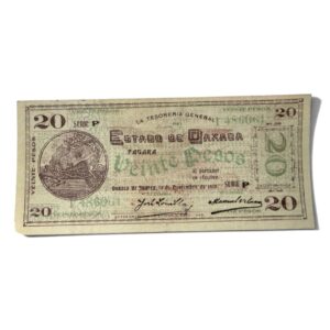 Billete de Tela y Papel de $20 Pesos 1915 Oaxaca | Revolución Mexicana