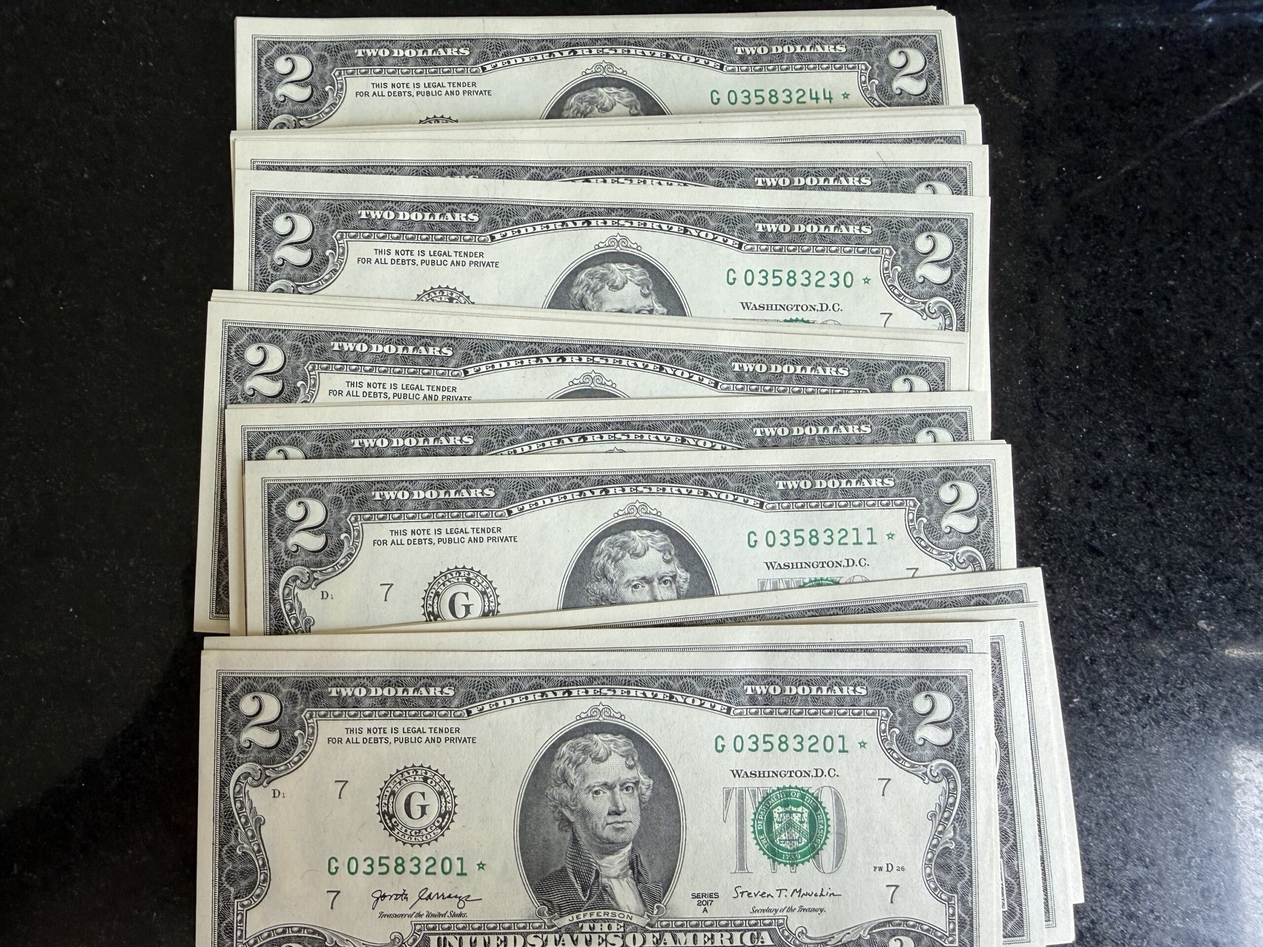 Fajilla 100 Billetes $2 Dólares 2017 Secuénciales con Estrella de Reposición UNC ★ 6 Fajilla 100 Billetes $2 Dólares 2017 Secuénciales con Estrella de Reposición UNC ★ - Imagen 6