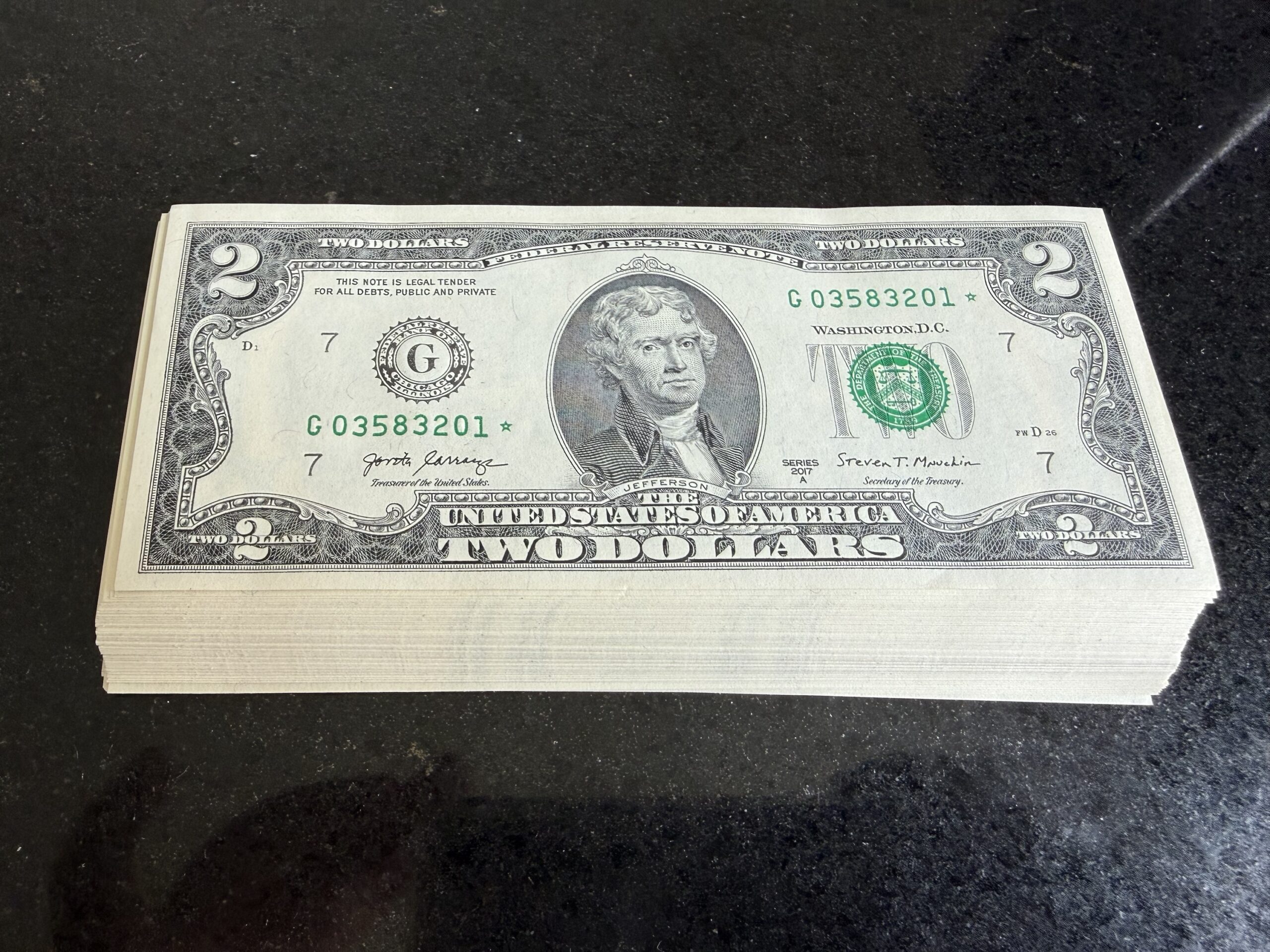 Fajilla 100 Billetes $2 Dólares 2017 Secuénciales con Estrella de Reposición UNC ★ 8 Fajilla 100 Billetes $2 Dólares 2017 Secuénciales con Estrella de Reposición UNC ★ - Imagen 8