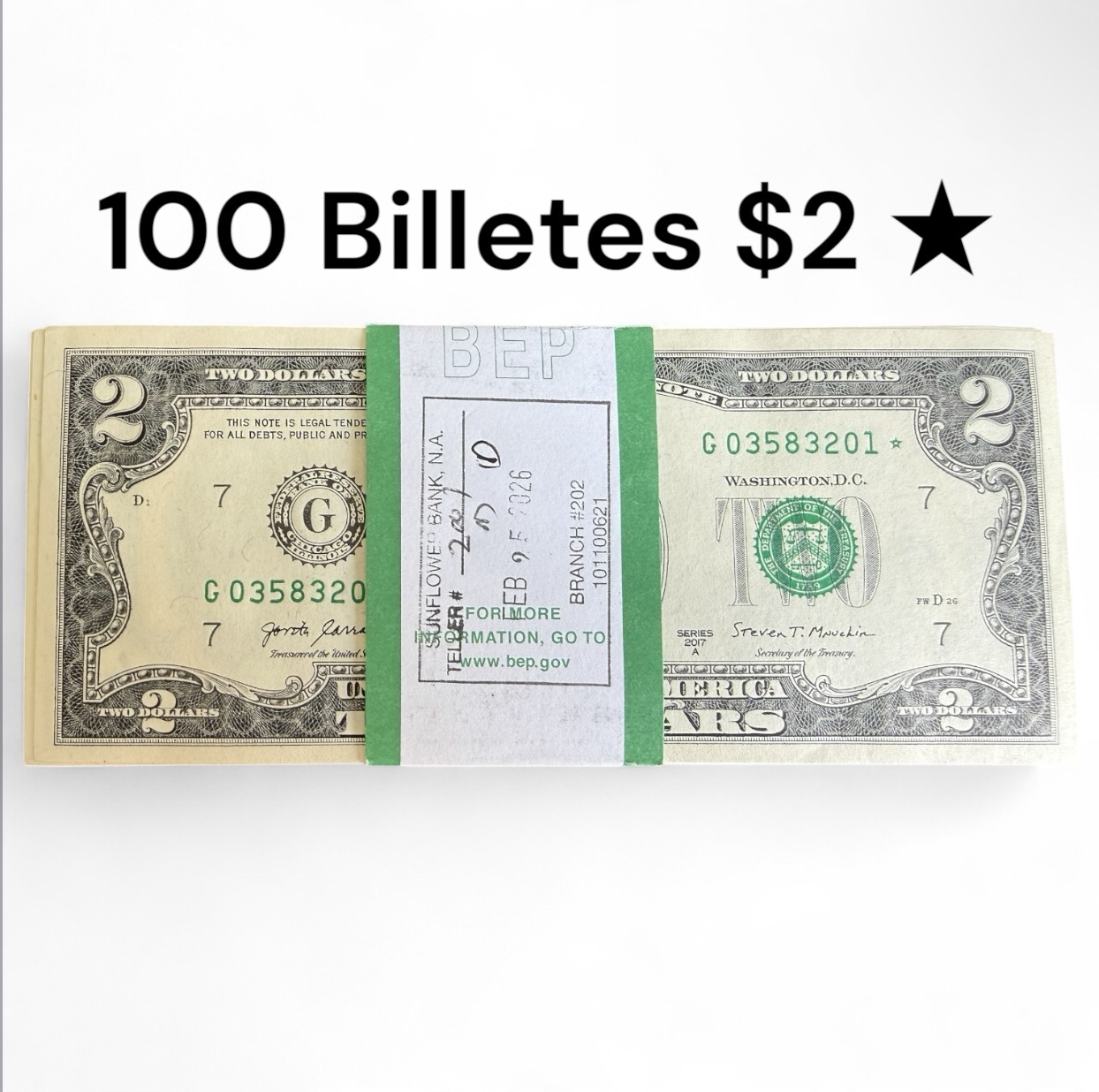 Fajilla 100 Billetes $2 Dólares 2017 Secuénciales con Estrella de Reposición UNC ★ 1 Fajilla 100 Billetes $2 Dólares 2017 Secuénciales con Estrella de Reposición UNC ★