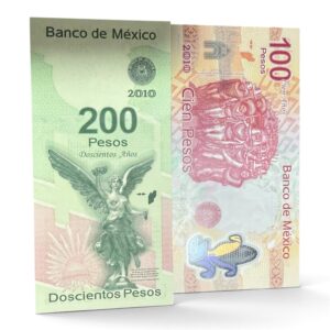 Lote de 2 Billetes Conmemorativo $100 y $200 Pesos 2010 Independencia y Revolución Mo. UNC