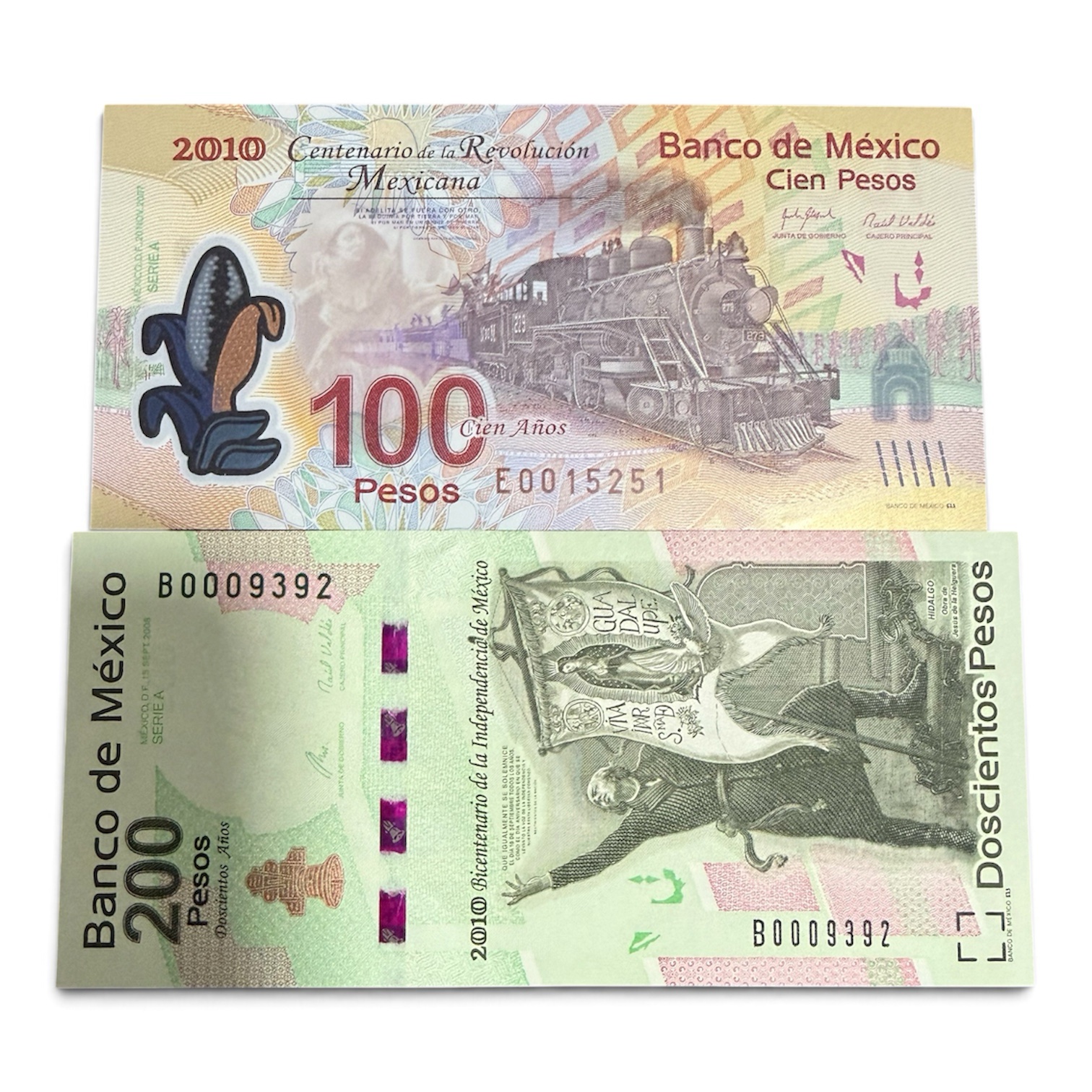 Lote de 2 Billetes Conmemorativo $100 y $200 Pesos 2010 Independencia y Revolución Mo. UNC 2 Lote de 2 Billetes Conmemorativo $100 y $200 Pesos 2010 Independencia y Revolución Mo. UNC - Imagen 2